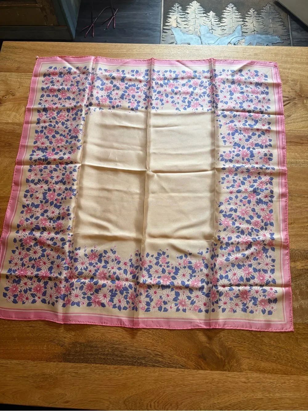 Floral Border Pink and Cream Square Scarf